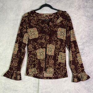 Vtg Y2K Brown Paisley Print Ruffle Cuff Top sz M forest fairy grunge whimsigoth